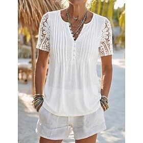 Femmes Elegant T-shirt Haut d'épissage en dentelle Hauts d'été Froncé Dentelle Uni Mode Élégant Classique Manche Courte Col en V Henley Hauts Réguliers Quotidi