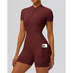 Damen Trainingsoveralls Einteiler Tasche Frontreißverschluss Einfarbig Bodysuit Sommer Frühling Herbst Beige Schwarz Laufen Fitness Yoga Po-Lifting Schnelltroc
