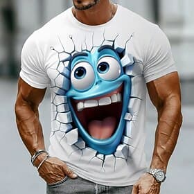 Men's Optical Illusion 3D Funny Emotes T Shirt Short Sleeve T shirt 3D Print Crew Neck Shirt Exaggerated Designer Daily Club Party Blue White Orange Summer Spr