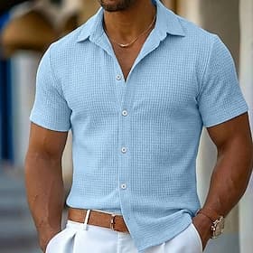Men's Shirt Waffle Shirt Texture Casual Shirt Button Up Shirt Blue Black White Pink khaki Short Sleeve Plain Lapel Casual Daily Clothing Apparel Fashion Modern