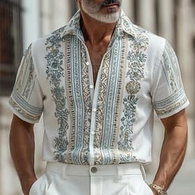 Men's Floral Print Ethnic Flowers Shirt Guayabera Shirt Button Up Shirt Short Sleeve Vintage Retro Vacation Casual Daily Summer Spring Turndown 3D Print Linen