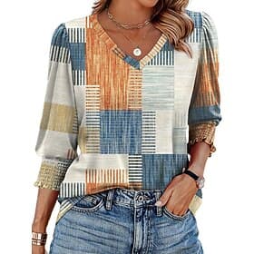 Femmes T-shirt Imprimé Graphique Géométrique Mode Classique Occasionnel Manche 3/4 Col en V Hauts Réguliers Quotidien Sortir Week-end Rose Claire Vert Véronèse