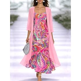 Femmes Robe Ensemble Robe trapèze Élégant Vacances Fleuri Graphique Superposé Imprimé Robe maxi Manche 3/4 Col en V Quotidien Vacances Rose Claire Violet Été P