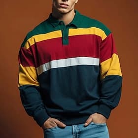 Men's Stripes Rugby Polo Long Sleeve Polo Shirts Collared Shirts Casual Outdoor Athleisure 3D Print Spring Fall Blue Red