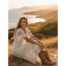 Robe longue maxi Femme robe soirée Manche Courte Printemps Eté - Bohème chaud Elégant Dentelle Couleur monochrome Col V 2023 Blanche S M L XL