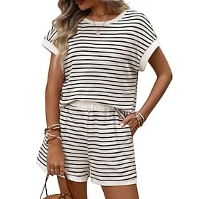 Women's Two Piece Sets Shorts Sets Short Sleeve Crew Neck Striped Fashion Streetwear Casual Daily Outdoor Black Pink Dark Pink Summer Regular Fit