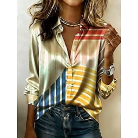 Women's Shirt Satin Shirt Print Graphic Geometric Color Block Vacation Stylish Casual Long Sleeve Shirt Collar Regular Tops Daily Holiday Going out Blue Yellow