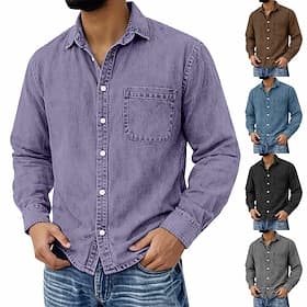 Men's Shirt Casual Shirt Vintage Shirt Button Up Shirt 100% Cotton Acid Wash Shirt Blue Black Light Green Wine Navy Blue Long Sleeve Plain Lapel Streetwear Goi