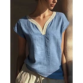 Per donna Maglietta Maglietta in cotone e lino Finto cotone e lino Patchwork Semplice Classico Casual Manica Corta Scollo a V Top Regolari Quotidiano Uscire We