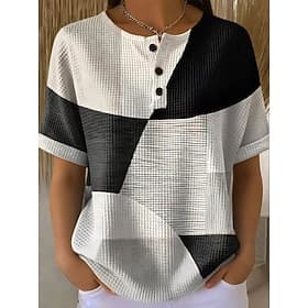 Women's Waffle T Shirt Color Block Print Graphic Geometric Abstract Vintage Stylish Classic Short Sleeve Crew Neck Long Tops Daily Blue Black Yellow Pink Dusty