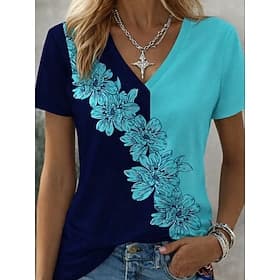 Women's T Shirt Print Graphic Plants Color Gradient Vintage Stylish Classic Short Sleeve V Neck Regular Tops Daily Green / Blue White Rainbow Summer Spring