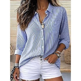 Women's Blouse Buttons Print Striped Stylish Casual Long Sleeve Shirt Collar Regular Tops Daily Blue Pink Purple Green Grey Summer Spring Fall