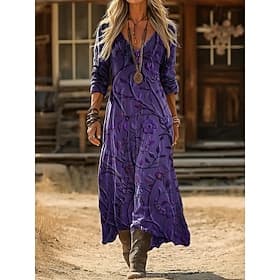 Femmes Robe maxi Robe bohème Robe Vintage Robe Décontractée ancien Quotidien Extérieur Vacances Coupe Ample Fleuri manche longue Col en V Violet Printemps Auto