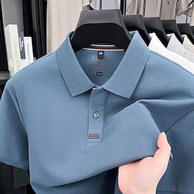 Homens Pólo Camisa polo de mistura de algodão Casual O negócio Lapela Manga Curta Moda Moderno Tecido Botões Puro Verão Primavera Normal Azul Céu Preto Branco