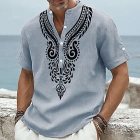 Men's Ethnic Shirt Linen Shirt Henley Shirt Short Sleeve Vintage Casual Daily Vacation Summer Spring Mandarin Collar Print Blue Green Khaki