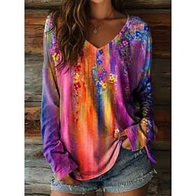 Women's T Shirt Print Floral Graphic Vintage Stylish Classic Long Sleeve V Neck Long Tops Daily Rust Red Red Purple Summer Spring