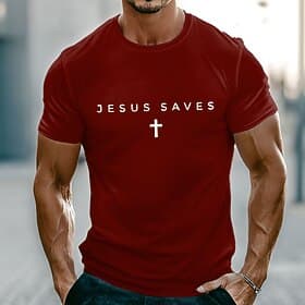 Herren Bibel Jesus rettet Text mit weißem Kreuz Christlich Religiös Glaubens Minimalistisches T-Shirt Grafik Muskelpassform Lässige Alltagsbekleidung Designer