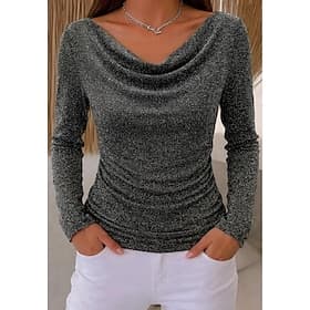 Women's T Shirt Sparkly Tops Elegant Stylish Casual Long Sleeve Cowl Neck Regular Tops Going out Party Outfits Date Night Outfits Silver Black Yellow Red Green