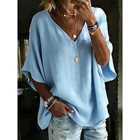 Femmes Chemisier Couleur Unie Quotidien Élégant Basique Demi Manches Col en V Hauts Réguliers Quotidien Bleu Blanche Rose Claire Orange Vert Été Printemps