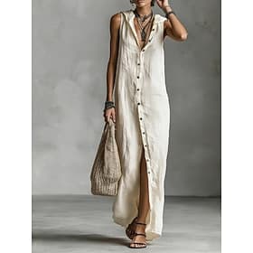 Women's Maxi Dress Linen-feel Dresses Shirt Dress Casual Dress Cotton Linen Dress Elegant Fashion Modern Outdoor Vacation Going out Regular Fit Plain Sleeveles