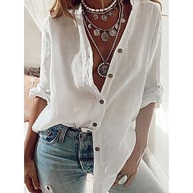Women's Shirt Linen-feel Shirts Blouse Cotton Patchwork Buttons Plain Vintage Stylish Classic Long Sleeve V Neck Regular Tops Daily Holiday Going out White Lig