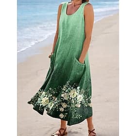 Damen Midikleid Sommerkleid A Linie Kleid Urlaub Lässig Boho Ferien Lässiger Schnitt Blumen Grafik Ärmellos U-Ausschnitt Salbeigrün Grün Grau Sommer Frühling