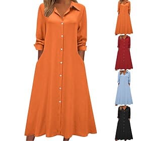 Women's Midi Dress Shirt Dress Casual Dress A Line Dress Faux Linen Dress Fashion Basic Modern Daily Vacation Going out Regular Fit Plain Long Sleeve Shirt Col