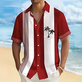 Homme Cocotier Rayé Plantes Tropicales Chemise hawaïenne Chemise Boutonnée Chemise Aloha Manche Courte Hawaïen Vacances Été Printemps Col Rabattu Impression 3D