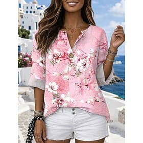 Women's Blouse Print Floral Graphic Vintage Stylish Modern 3/4 Length Sleeve Crew Neck Regular Tops Daily Holiday Beach Wear Yellow Pink Purple Green Summer Sp