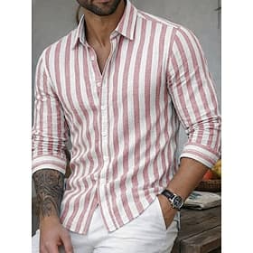Herren Hemd Leinenhemd Sommerhemd Strandbekleidung Freizeithemd Gestreifte Hemden Vertikale Streifen Lässig Streetwear Blau Rosa Grün Khaki Langarm Umlegekrage