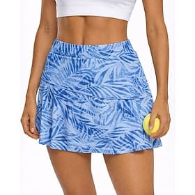 Women's Floral Tennis Skort Pocket Elastic Sweat-Wicking Breathable Running Fitness Yoga Skirt Blue Tennis Clothing