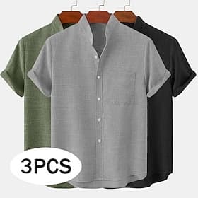 Men's Linen Shirt Summer Shirt Casual Shirt Band Collar Shirt Plain Casual Beach BlackGrayGreen BlackWhiteGray blackwhitegreen blackkhakigreen Short Sleeve Sta