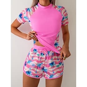 Dames Zwemkleding Tankini 2 stuks Korte broek Zwempak Buikcontrole Hoge taille Slank Blote rug Vakantie Strand Kleding Grafisch Hoge nek Korte Mouw Badpakken