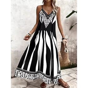 Damen Maxikleid Sommerkleid A Linie Kleid Unterkleid Urlaub Lässig Strand Ausgehen Normale Passform Grafik Leopard Farbblock Ärmellos V Ausschnitt Schwarz Somm