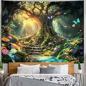 Enchanted Magical Forest Tree of Life Wall Tapestry Butterflies Flowers Stone Path Sunlight Waterfall Fantasy Art Bedroom Living Room Decor Home Wall Hanging M