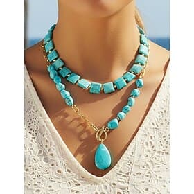 Women's Bohemian Turquoise Layered Necklace, Faux Stone Bead Gold Alloy Chain Choker with Teardrop Pendant, Boho Summer Beach Vacation Daily Casual Jewelry