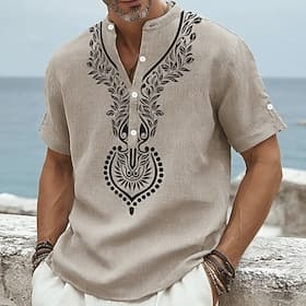 Homme Ethnique Chemise Chemise en lin Chemise Henley Manche Courte Occasionnel Tribal Quotidien Vacances Été Printemps Col mandarin Imprimé Bleu Vert Kaki
