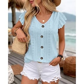 Women's T Shirt Tee Top Eyelet Fashion Stylish Classic Short Sleeve V Neck Regular Tops Daily Going out White Yellow Pink Sky Blue Summer Spring