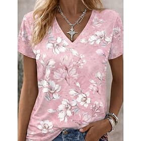 Women's T Shirt Print Floral Graphic Plants Vintage Stylish Classic Short Sleeve V Neck Regular Tops Daily Blue White-Blue Pink Summer Spring