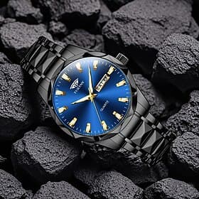 Men's Quartz Watch with Day Date Calendar, Stainless Steel Metal Band Business Casual Dress Wrist Watch for Men, Faceted Bezel Silver Dial Analog Watch, Fashio