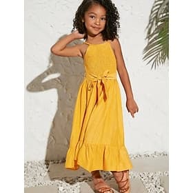 Kinder Mädchen Kleid Einfarbig Ärmellos Lässig Outdoor Party Patchwork Niedlich Lässig Kostüm Polyester Maxi Trägerkleid Sommer Frühling Ab 4 Jahren Gelb
