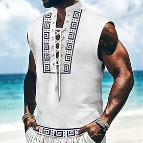 Herren Geometrisch Ethnisch Griechischer Schlüssel Tank Top Piratenhemd mit Schnürung Stehkragenhemd Ärmellos Vintage-Retro Alltagstauglich Strandurlaub Sommer