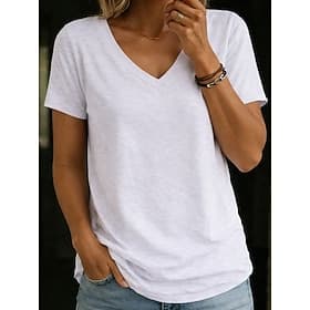 Damen T Shirt T-Shirt Einfach Mode Stilvoll Klassisch Kurzarm V Ausschnitt Normale Oberteile Täglich Ausgehen Wochenende Weiß Rosa Wein Marineblau Aprikose Som