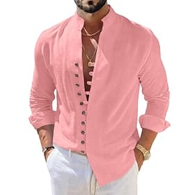 Men's Shirt Linen Shirt Summer Shirt Casual Shirt Button Up Shirt Plain Casual Daily Blue Black White Pink Long Sleeve Mandarin Collar Summer Spring Fall Clo