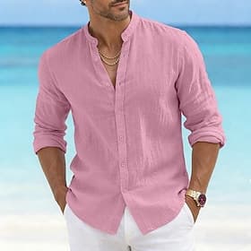 Men's Shirt Summer Shirt Beach Wear Button Up Shirt Plain Casual Daily Black White Pink Orange Long Sleeve Mandarin Collar Summer Spring Summer Clothing Appar