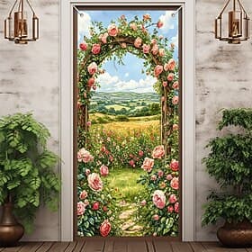 Romantic Rose Garden Arch Countryside Landscape Pink Roses Floral Green Hills Meadow Door Banner Cover for Front Door Home Entrance Garden Decoration Wall Hang