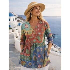 Women's Blouse Print Floral Graphic Vacation Daily Casual 3/4 Length Sleeve V Neck Regular Tops Daily Holiday Going out Red Summer Spring Fall