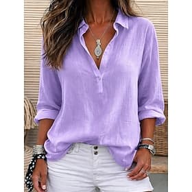 Women's Linen-feel Shirts Blouse Faux Linen Shirt Buttons Solid Color Stylish Casual 3/4 Length Sleeve V Neck Regular Tops Daily White Light Green Pink Purple
