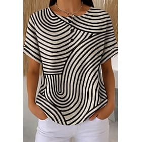 Women's Waffle Textured Knit Tops T Shirt Color Block Graphic Geometry Fashion Basic Modern Short Sleeve Crew Neck Henley Regular Tops Daily Sports Brown And W