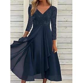 Femmes Robe Midi Robe en Dentelle Robe Décontractée Robe évasée Robe en Tulle Streetwear Occasionnel Vacances Rue Fête Coupe régulière Manche 3/4 Col en V Bleu